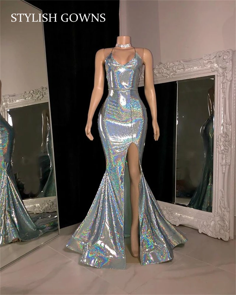 

Женское блестящее серебристое платье-Русалка, вечернее платье с высоким разрезом для выпускного вечера, 2021