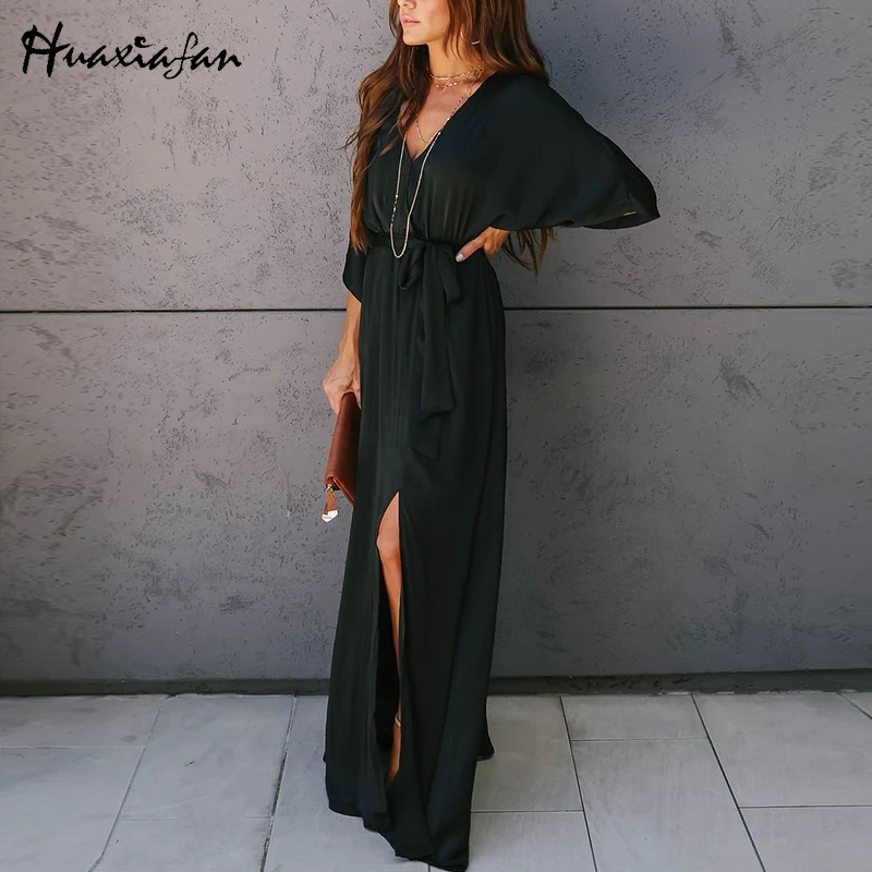 Huaxiafan maxi dresses women solid long dress elagant party belt split autumn sexy v neck female vintage vestidos 2019 | Женская одежда