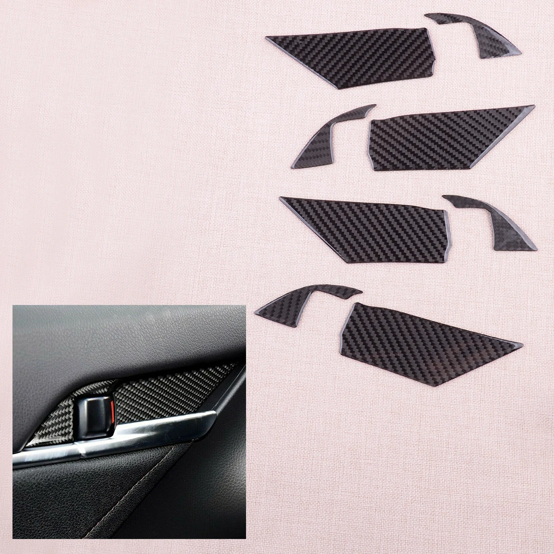 

8 шт./компл. черный интерьер дверные ручки чаши Крышка отделкой стайлинга автомобилей углеродного волокна, пригодный для Toyota Camry 2018 2019 2020