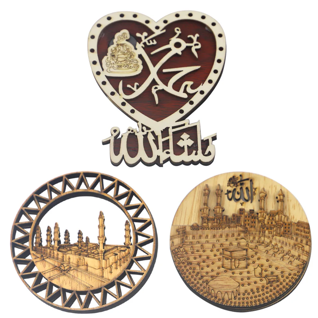 

2021 New Creative Round Eid Mubarak Ramadan Refrigerator Magnets Wooden Crafts Ornaments Home Decoration Gifts