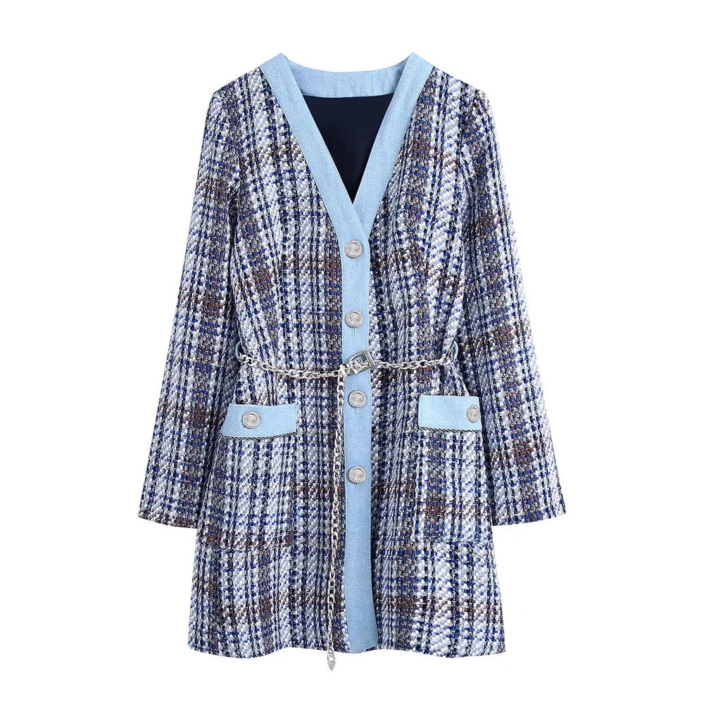 

Leviortin Women Fashion With Chain Belt Patchwork Denim Tweed Jacket Coat Vintage Long Sleeve Pockets Female Outerwear Chic Tops