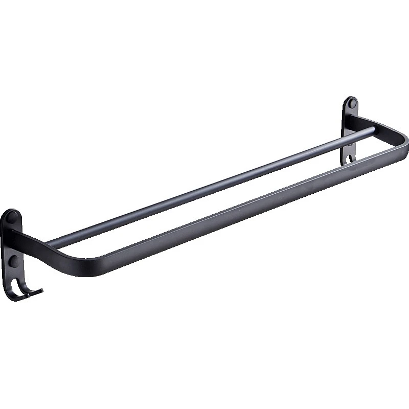 

60 cm Wall Mount Black Towel Rack Aluminum Double Rod Towel Bar with Hook for Home Hotel Bathroom Shower Accessories