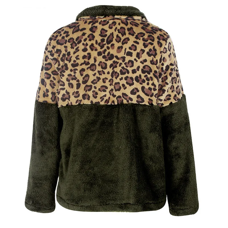 

Turn-down Collar Leopard Patchwork Pullover Women Winter Fleece Sweatshirt Warm Zipper Front Pocket Hoodie Outwear