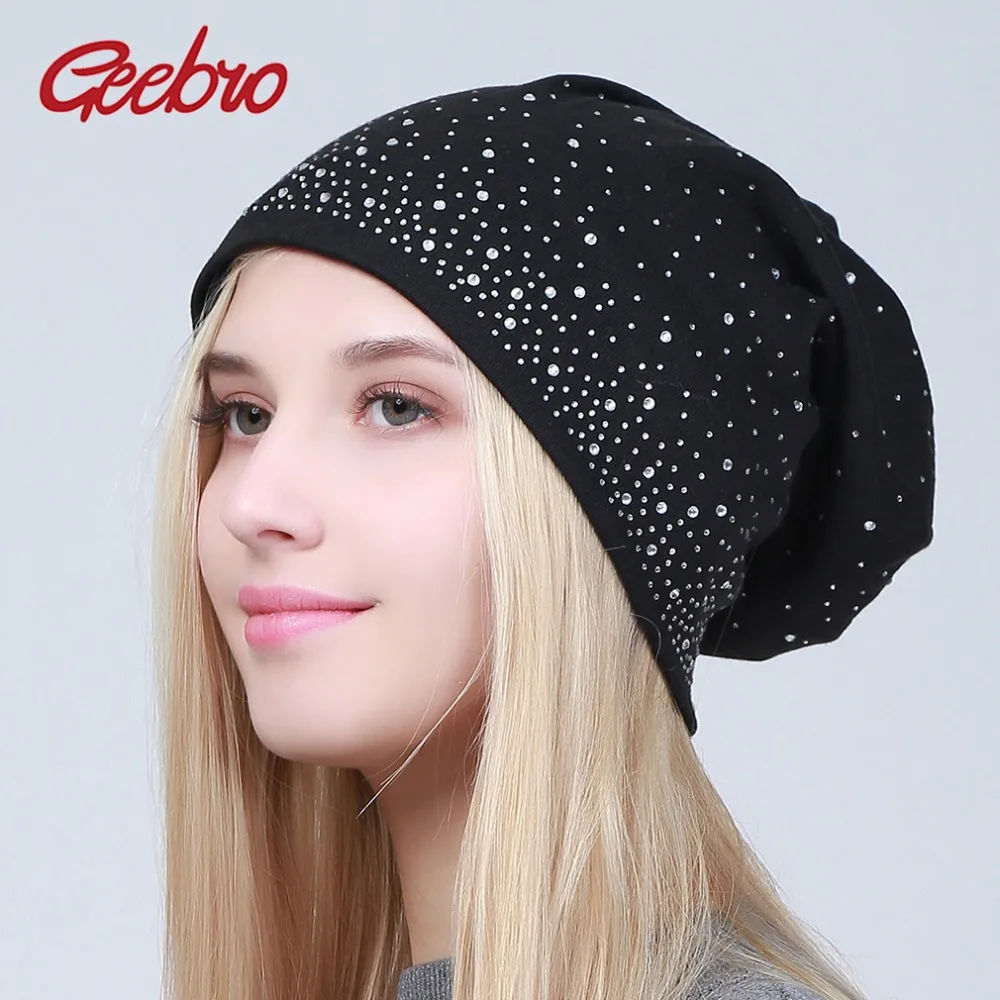 

Geebro Women Soft Warm Skullies Beanies With Rhinestone Diamond Accessories Hats Female Floral Solid Color Hip Hop Slouchy Caps