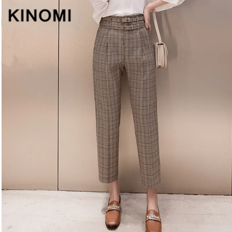 KINOMI 2019 осенние клетчатые повседневные женские штаны шаровары в Корейском стиле с