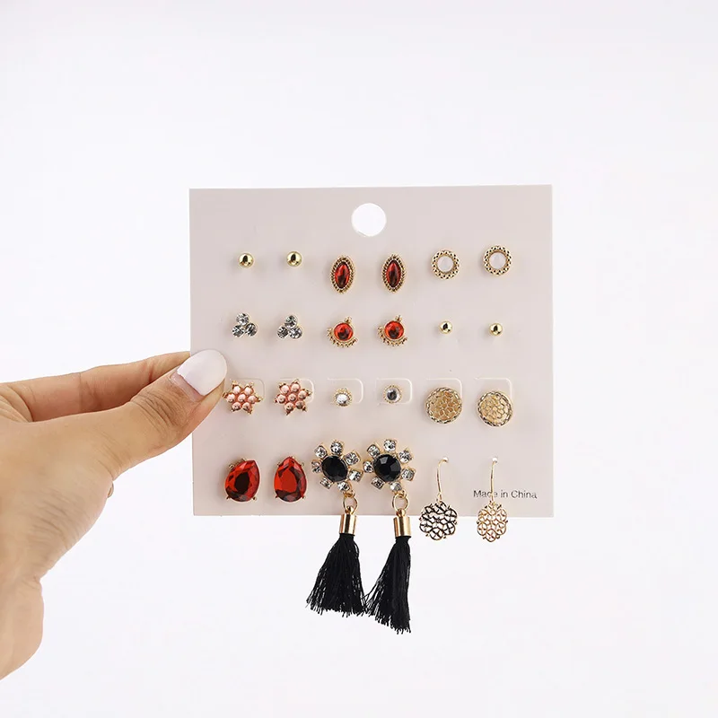 12 пар/уп. новые модные серьги гвоздики с кристаллами набор черных сережек