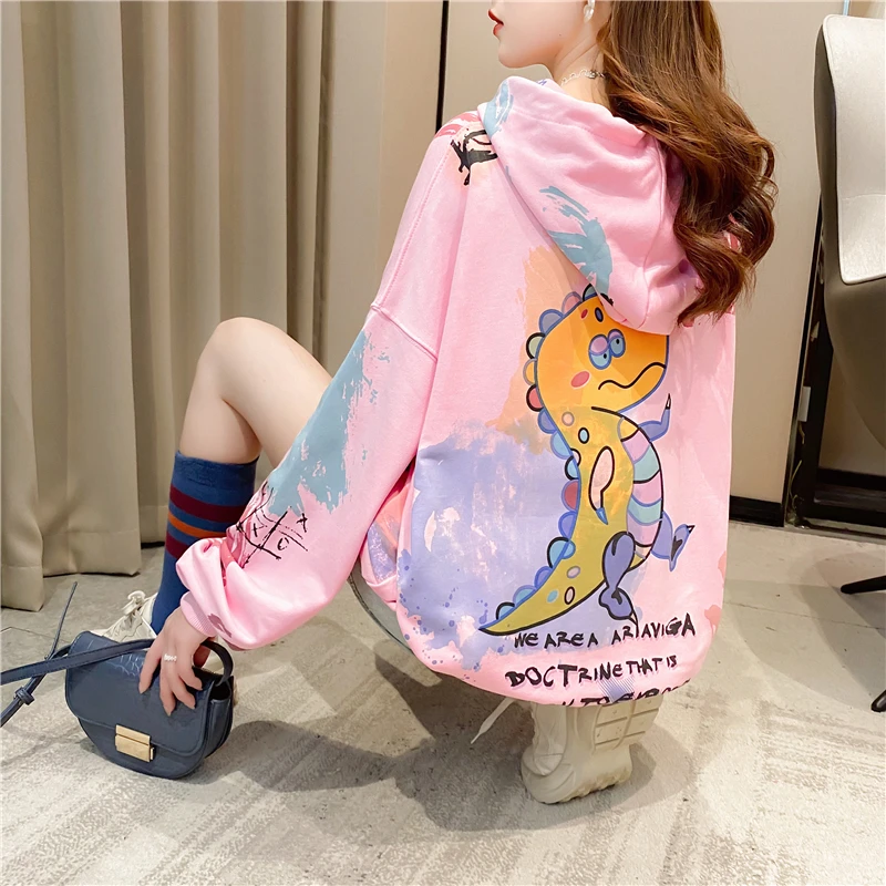 

Women Autumn Hoodie Graffiti Dinosaur Print Kawaii Hoodie Oversized Loose Pullover Harajuku Streetwear Casual Jacket Thin Tops