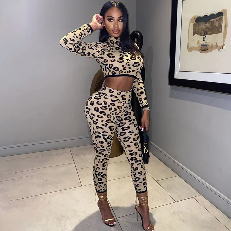 

Casual Warm Autumn Winter Sport Suit Women Outfits O Neck Leopard Print Long Sleeve 2 Piece Set Women Crop Tops+Pants Leggings