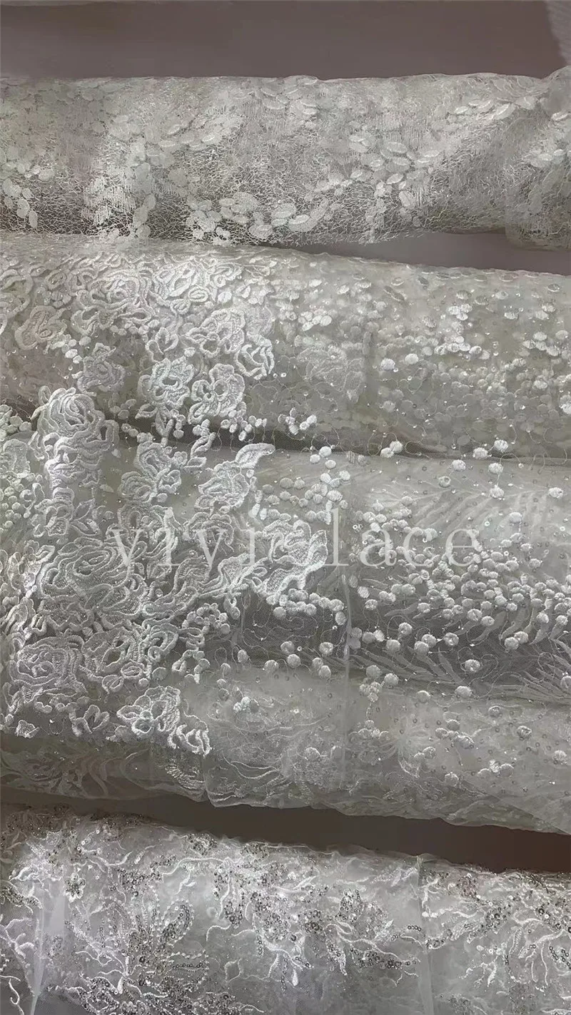 5 ярдов HH01 # Высококачественная кружевная ткань с белыми блестками для свадебного платья/модного показа 5 ярдов HH01 # Высококачественная кружевная ткань с белыми блестками для свадебного платья/модного показа