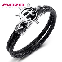 fashion bangle men jewelry black double layer leather bracelet stainless steel punk anchor rudder charm simple bracelet ps1040