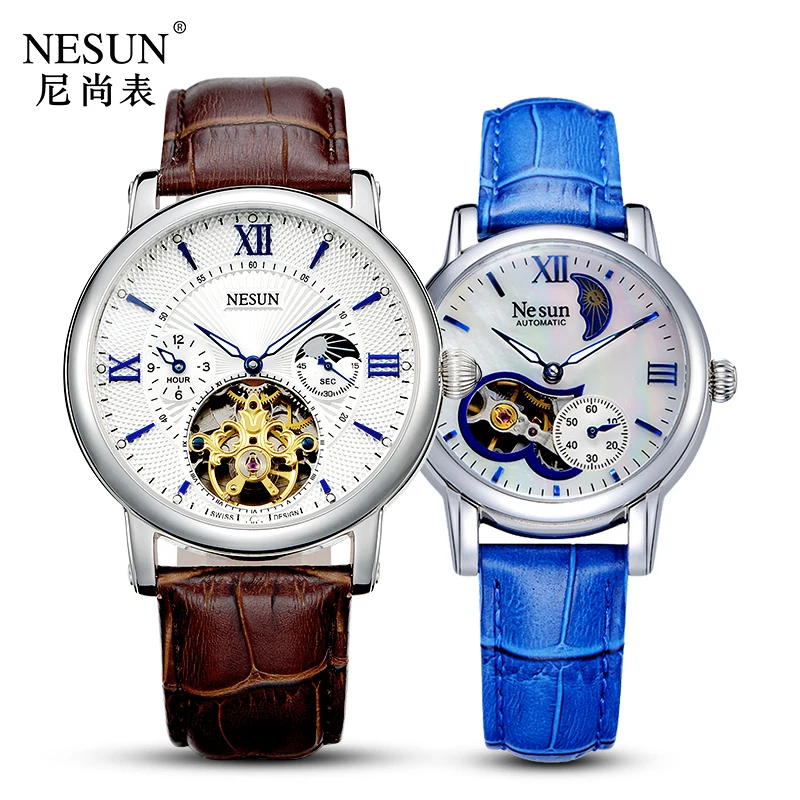 Швейцарские часы Nesun Hollow Tourbillon для мужчин и женщин, роскошные брендовые автоматические механические часы для пар, сапфировые часы N9091L