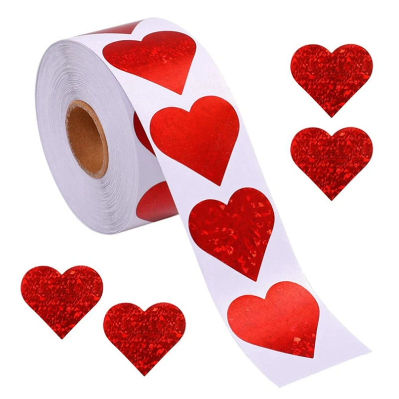

Valentine's Day Glitter Heart Stickers,Red Heart Stickers Roll,Heart Labels for Anniversaries Wedding(500Pcs/Roll)