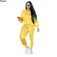 2022 womens autumn and winter 2 piece suit tracksuit solid color splicing fungus edge two piece set long sleeve eight colors