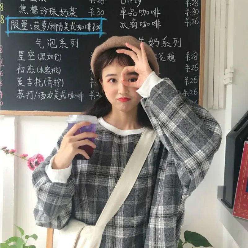 Толстовки женские Ulzzang новая весенняя Осенняя тонкая свободная клетчатая модная простая Женская одежда с длинным рукавом шикарная толстовка с капюшоном