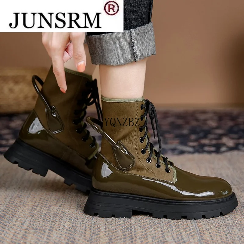 

Round Toe Med Heel Women Booties 2021 Autumn Ladies Lace Up Rubber Flat Patent Leather Calf Martin Boots Square Heels Boots