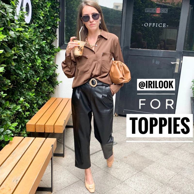 Зимние кожаные Костюмные брюки черные коричневые прямые из искусственной кожи с