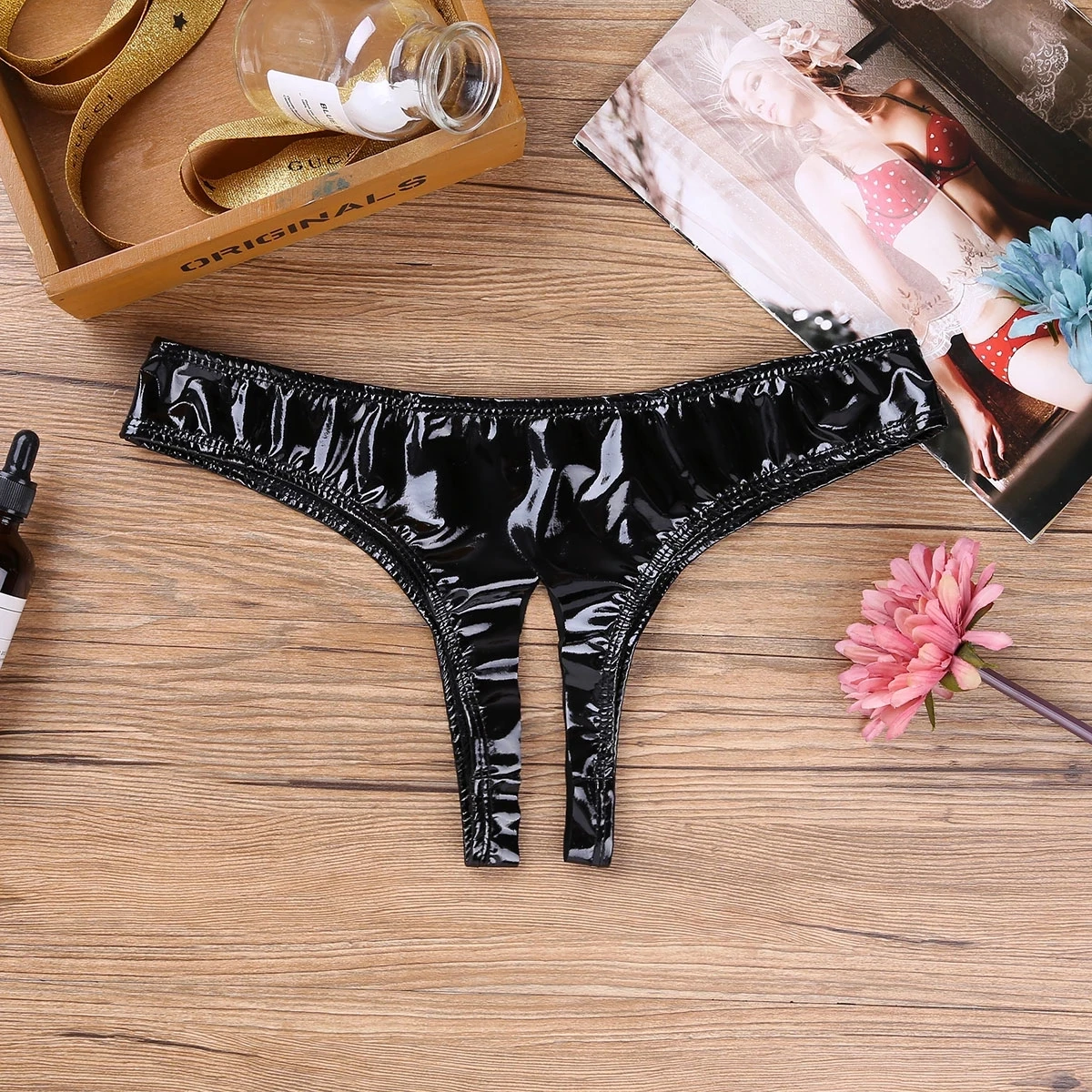 

Sexy Women Sissy Lingerie Erotic Panties Latex Underpant Clubwear Wetlook Patent Leather Open Crotch High Cut Crotchless Panties