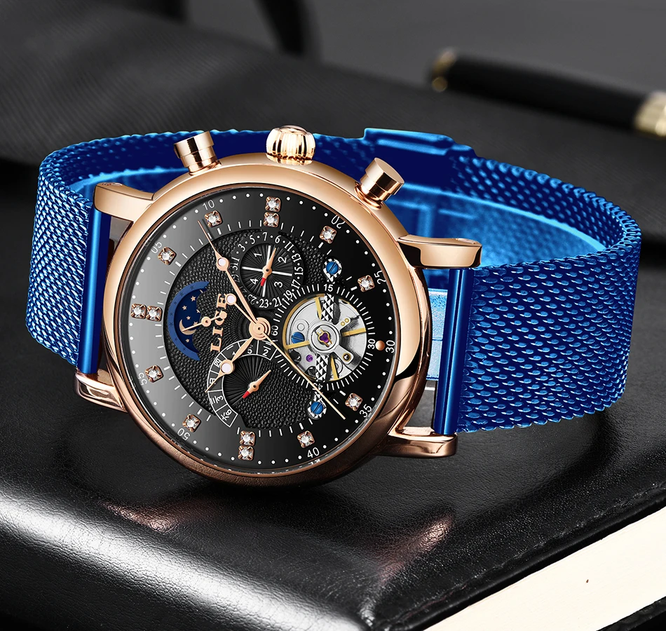 Бренд lige Tourbillon модные часы в деловом стиле автоматические механические часы мужские повседневные Водонепроницаемые кожаные часы Relogio Masculino