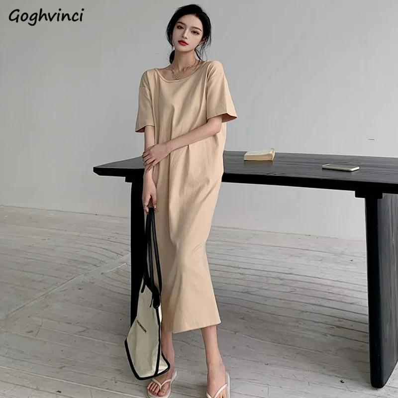 Dresses Women Loose Popular Tender Backless Femme Summer Round Neck Minimalist Vestidos Streetwear Mujer Casual Chic Solid Basic