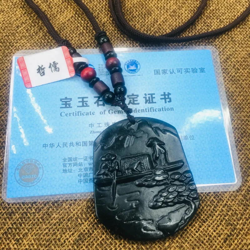 

Natural black stone hand-carved black landscape pendant necklace men and women sweater chain