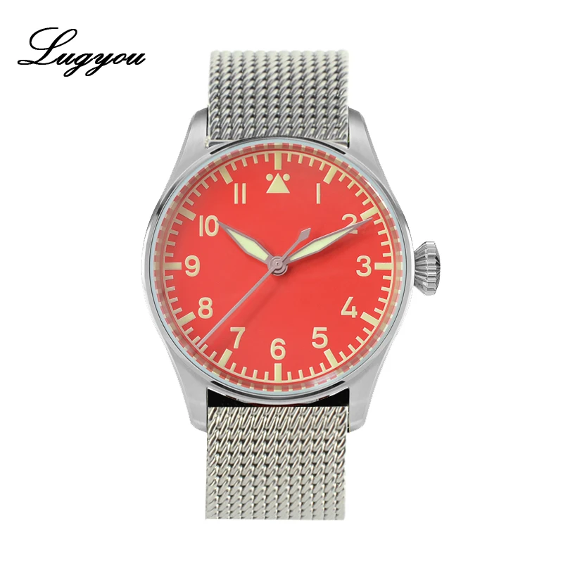 Mesh Orange SW Lugyou Сан Мартин пилот Flieger механические мужские часы из нержавеющей стали супер светящийся сапфировый Кристалл Скелет Задняя Кожа Ремешок - Цвет: Mesh Orange SW