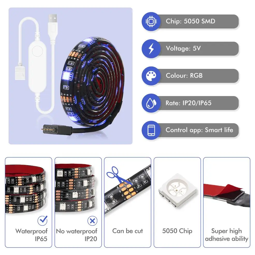 USB Светодиодная лента DC 5V 50CM 1M 2M Tuya Smart Wifi гибкий светильник лампа Alexa Google Assistant