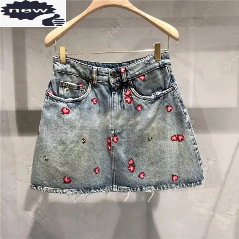 Summer Women New Fashion Cherry Embroidery Denim High Waist Vintage A Line Short Mini Jeans Skirt Casual Streetwear Skirts
