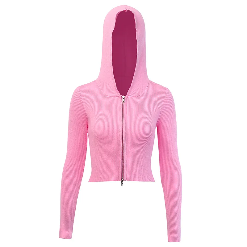

ins qiu dong character double zipper hooded solid-colored sweater show thin long sleeve knit jacket that show hilum
