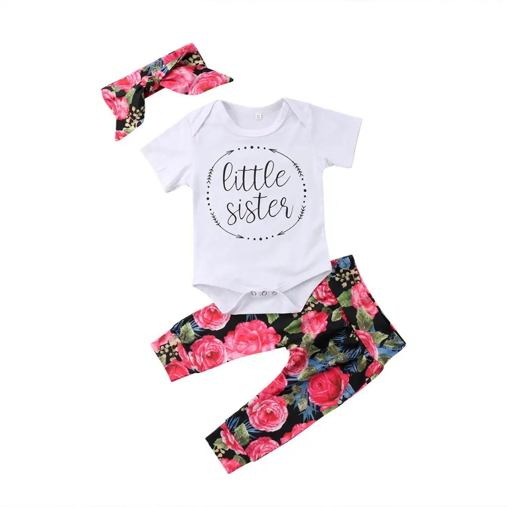 Infant  Baby Girl Clothing Sets 2020 Summer Little Sister Romper+Rose Pants+ Headband 3PCS Newborn Baby Girls Clothes Outfits