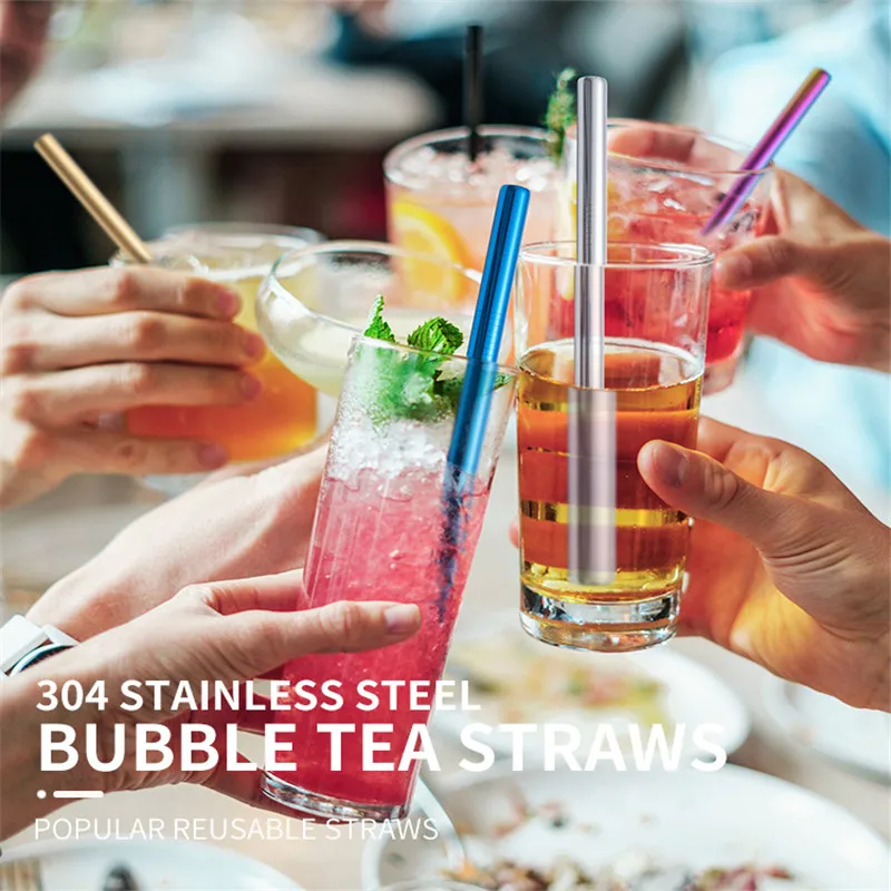 

215mm Reusable Straw Metal Sturdy Bent Straight Drinking Straw with Cleaning Brush 304 Stainless Steel Straw Bar Accessories