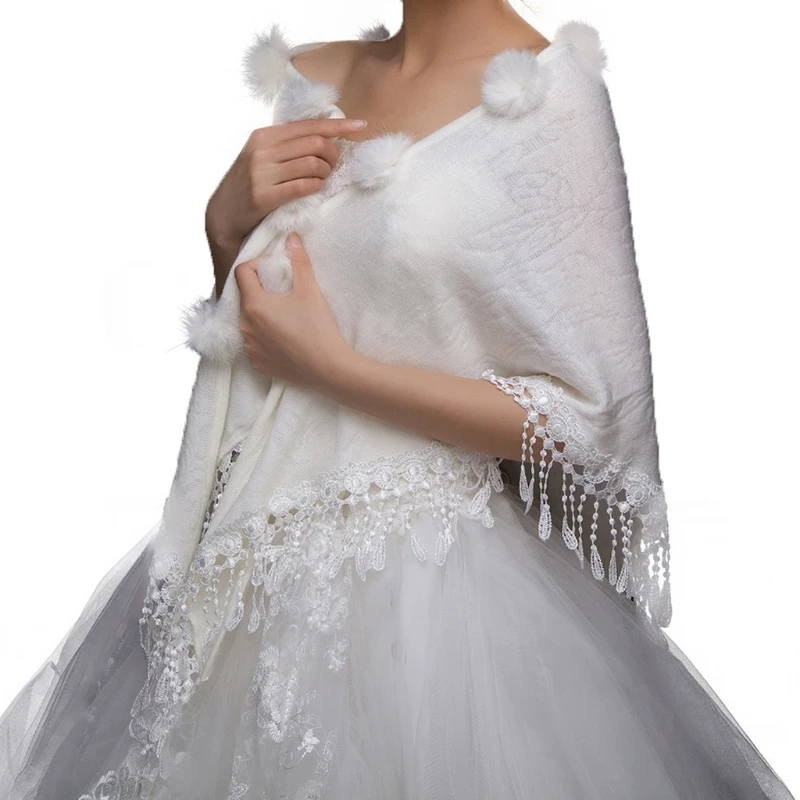 

Bridal Wraps Shawls Winter Triangular Wedding Jackets Women Pompom Tassel Shrug