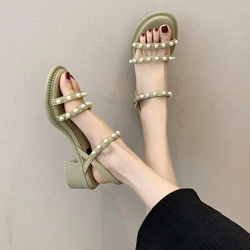 

Med Buckle Strap Comfort Shoes for Women 2021 Sandals Clear Heels Suit Female Beige All-Match Medium New Pearl Summer Black Beac