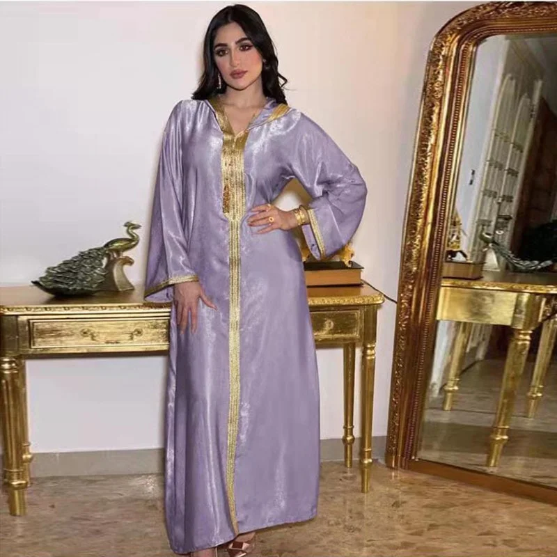

Dubai Abaya Maxi Dress Jalabiya Hooded Ribbon Champagne Color Islam Muslim Women Moroccan Kaftan Arabic Turkey African Robe 2021