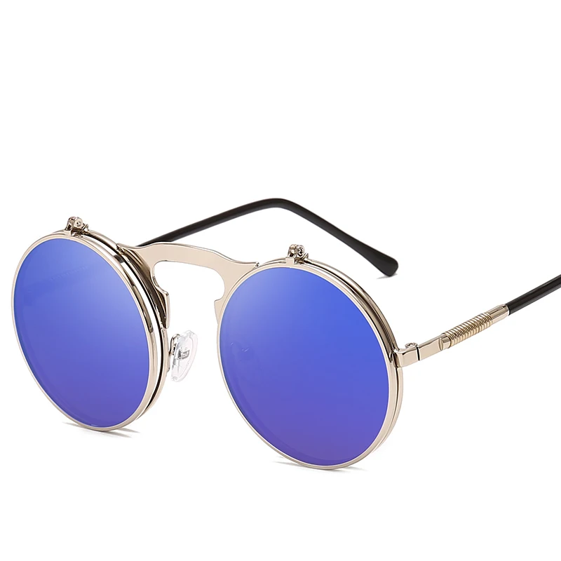 Круглые панковские солнцезащитные очки Hindfield Мужские Винтажные круглые двухслойные линзы солнцезащитные очки с накладкой женские зеркальные очки O511 - Цвет линз: Синий
