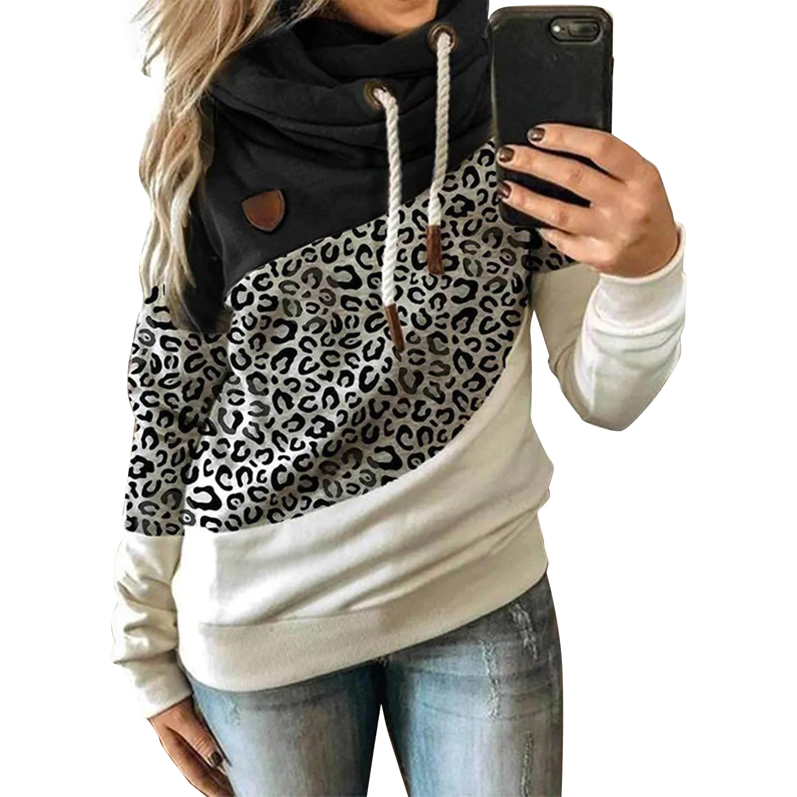 

Three-color Patchworks Hooded Long-sleeved Lace-up Hoodies Fall Warm Basic Women's Pullover J55