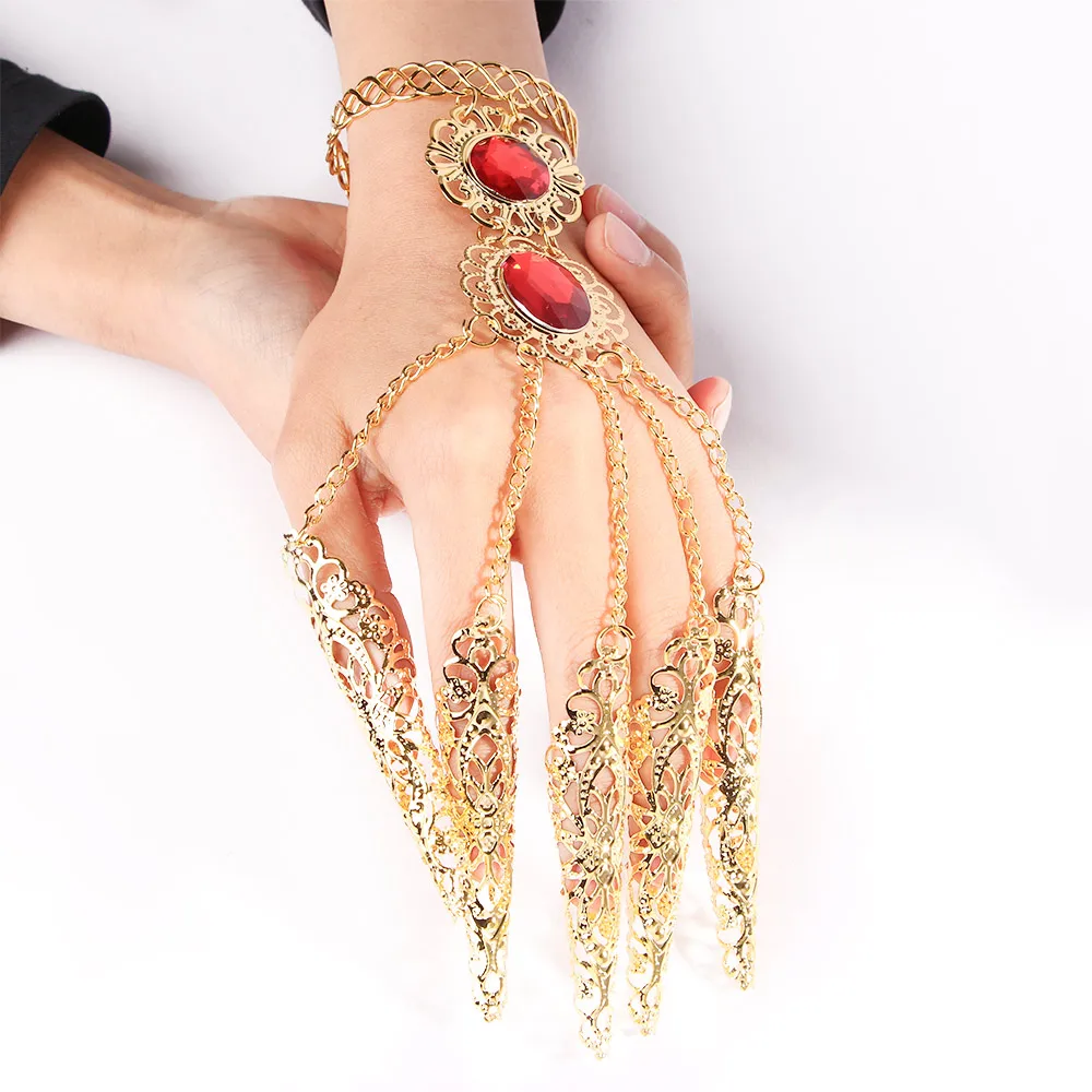 Fashion Indian Thai Golden Finger Bracelet Shining Red Crystal Girl's Belly Dance Bracelet Jewelry Gift