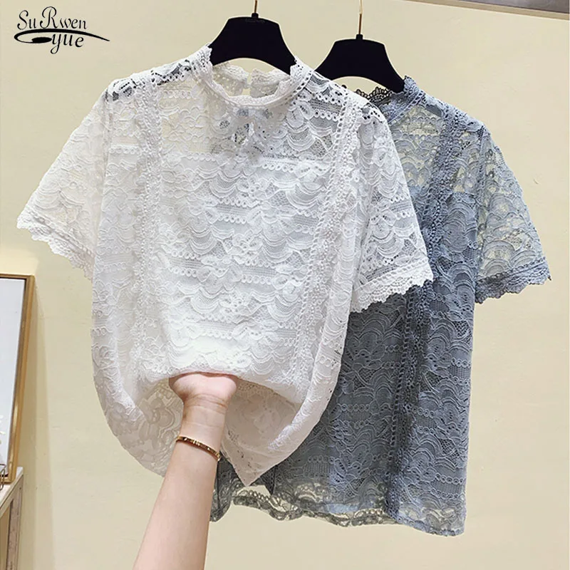 

Fashion Button Transparent Mesh White Shirt Sweet Women Lace Blouse Female See-through Short Sleeve Blouse Summer Blusas 15013