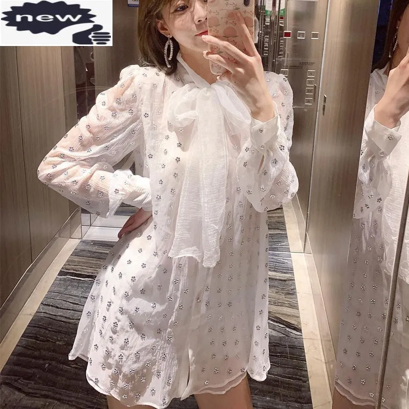 Designer Long Sleeve Chiffon Shirt Women Crystal Florals Lace Up Bow Sweet White Shirts Office Ladies Loose Fit Elegant Blouses