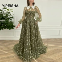 2021 new green daisy tulle prom dresses long sleeves buttoned prom gowns with pockets a line wedding party dresses
