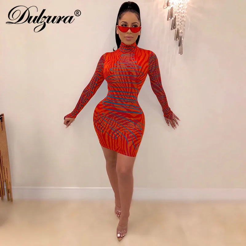 Dulzura zebra print women mini dress long sleeve bodycon sexy streetwear 2019 autumn winter party clothes clubwear outfit neon | Женская
