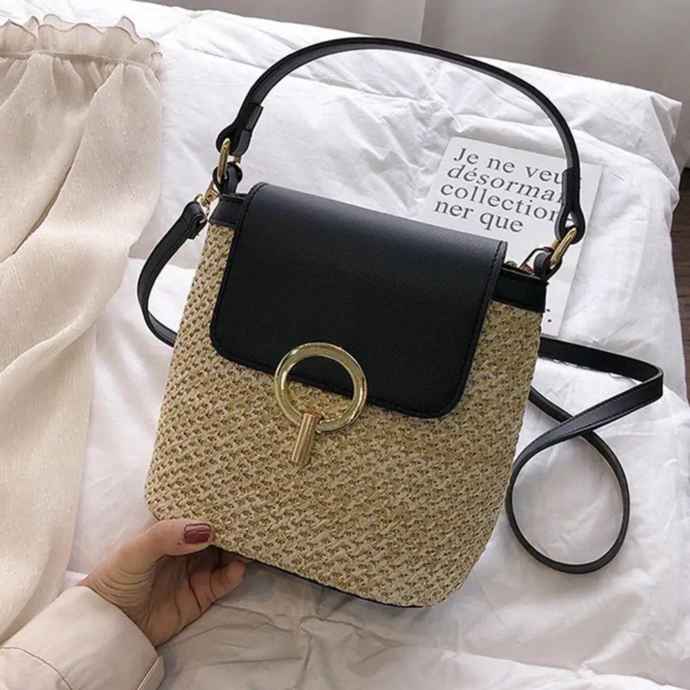 

2021 New Woven Straw Bag Handbag Simple Shoulder Messenger Portable Bucket Beach Travel Lady Bohemia Shoulder Bag