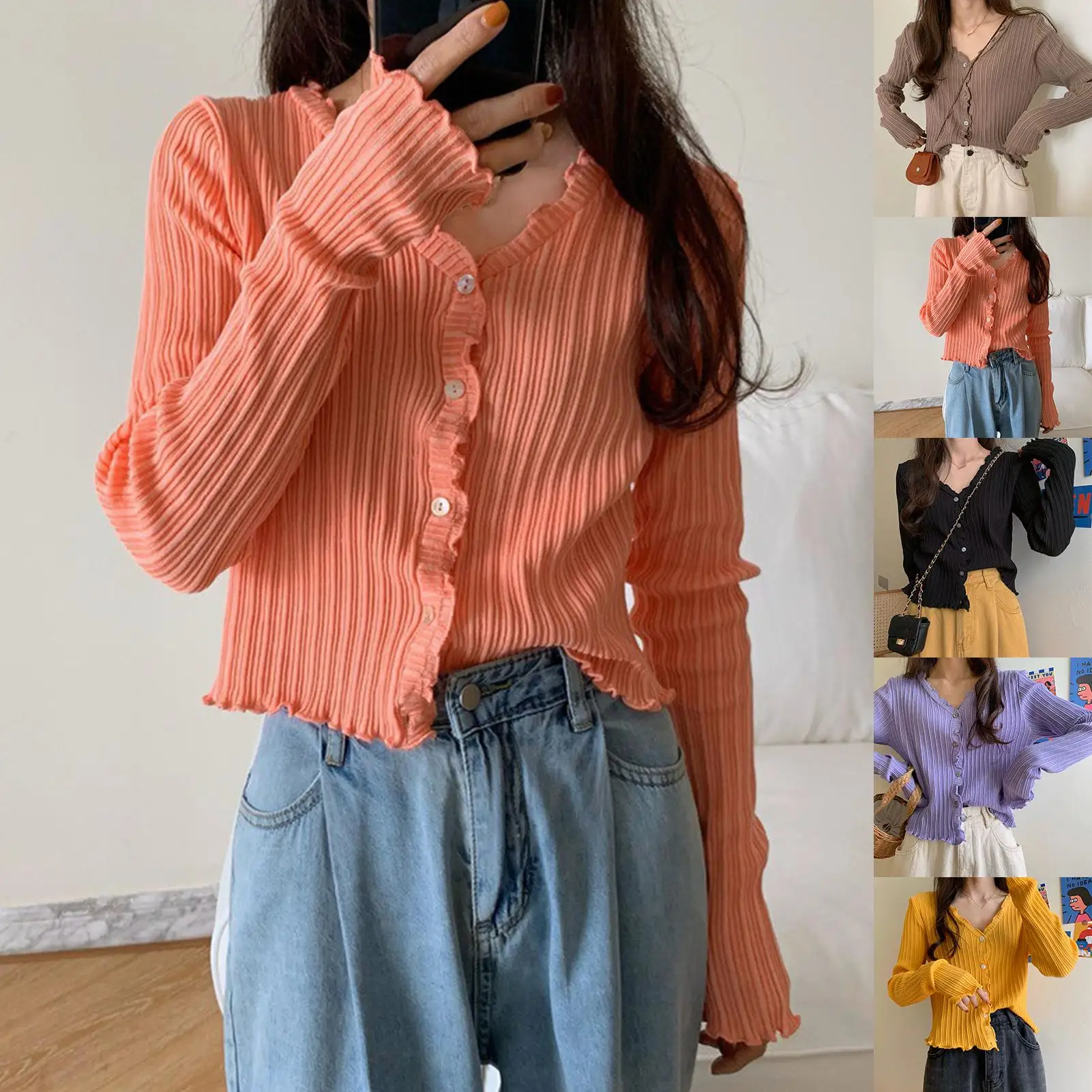 

Women Knitted Cardigan Cute Autumn Spring Sweet Lovely Sweater Coat Female Short Korean Button Down Cardigan Fall Woman Clothes
