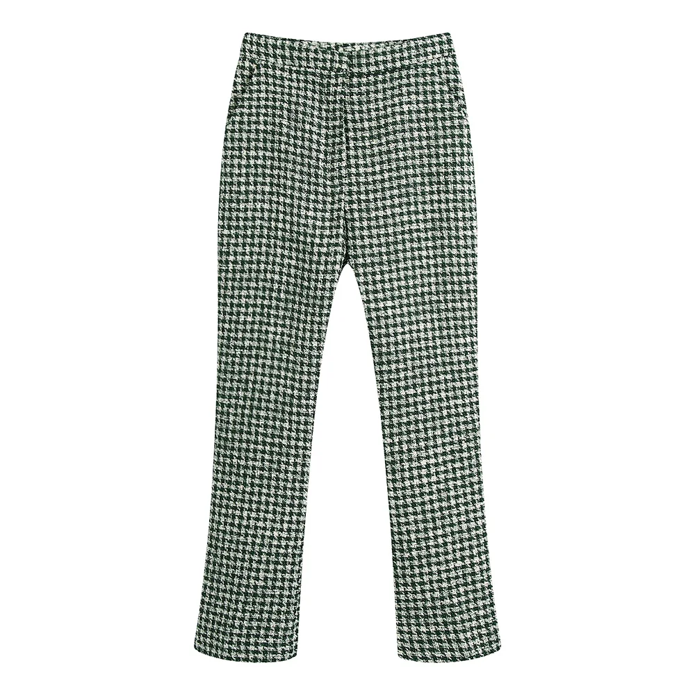 

Pants Women Fashion Spring Autumn 2021 Clothing Zip Fly Houndstooth Tweed Long Pants Side Pockets High Waist Casual Flare Pants