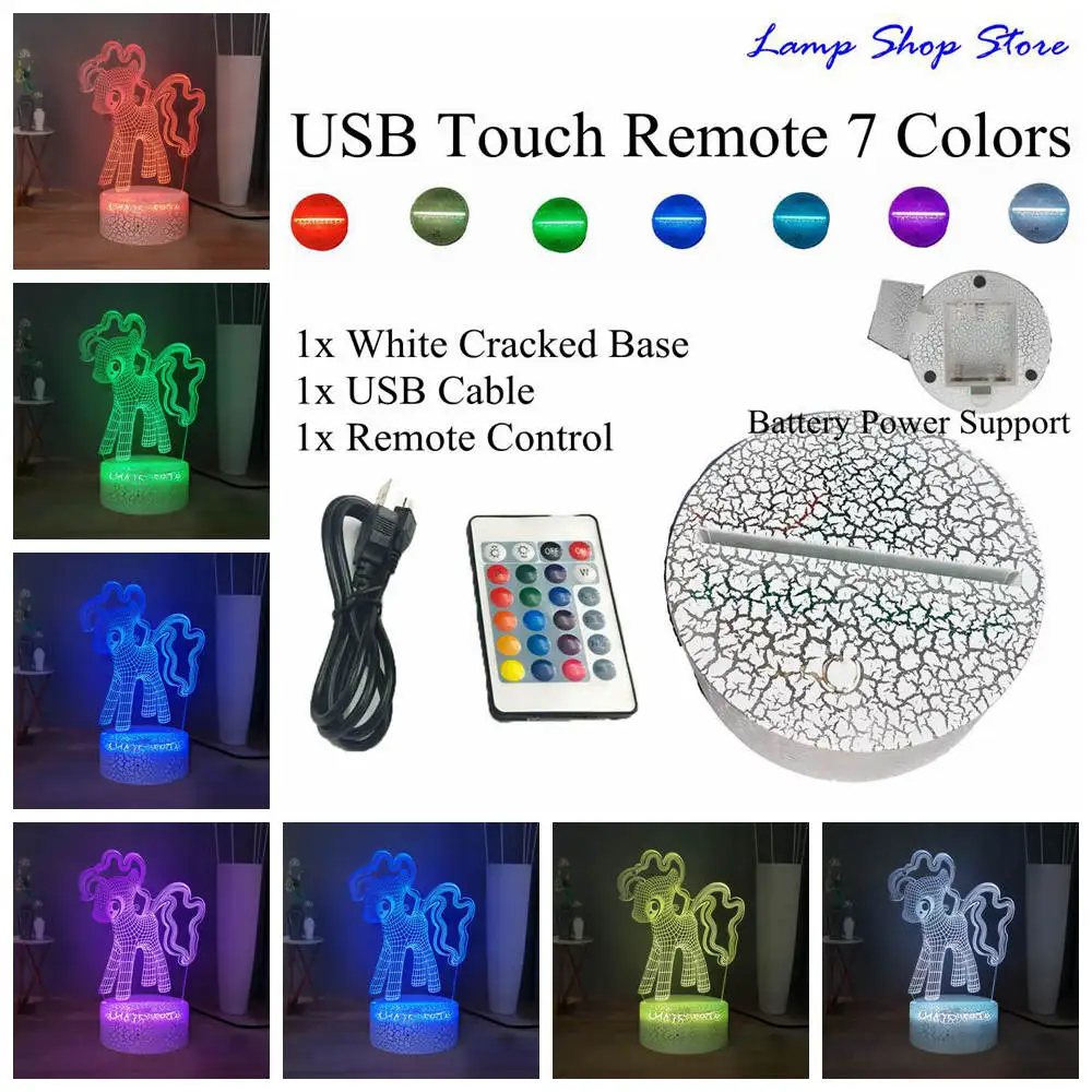 W-USB Remote 7 color 3D оптическая настольная лампа My Little Pony с изображением героев мультфильмов, земляных пони, PinkiePie, светодиодный ночной Светильник для сна, милая улыбка, подарок на день рождения для детей - Испускаемый цвет: W-USB Remote 7 color