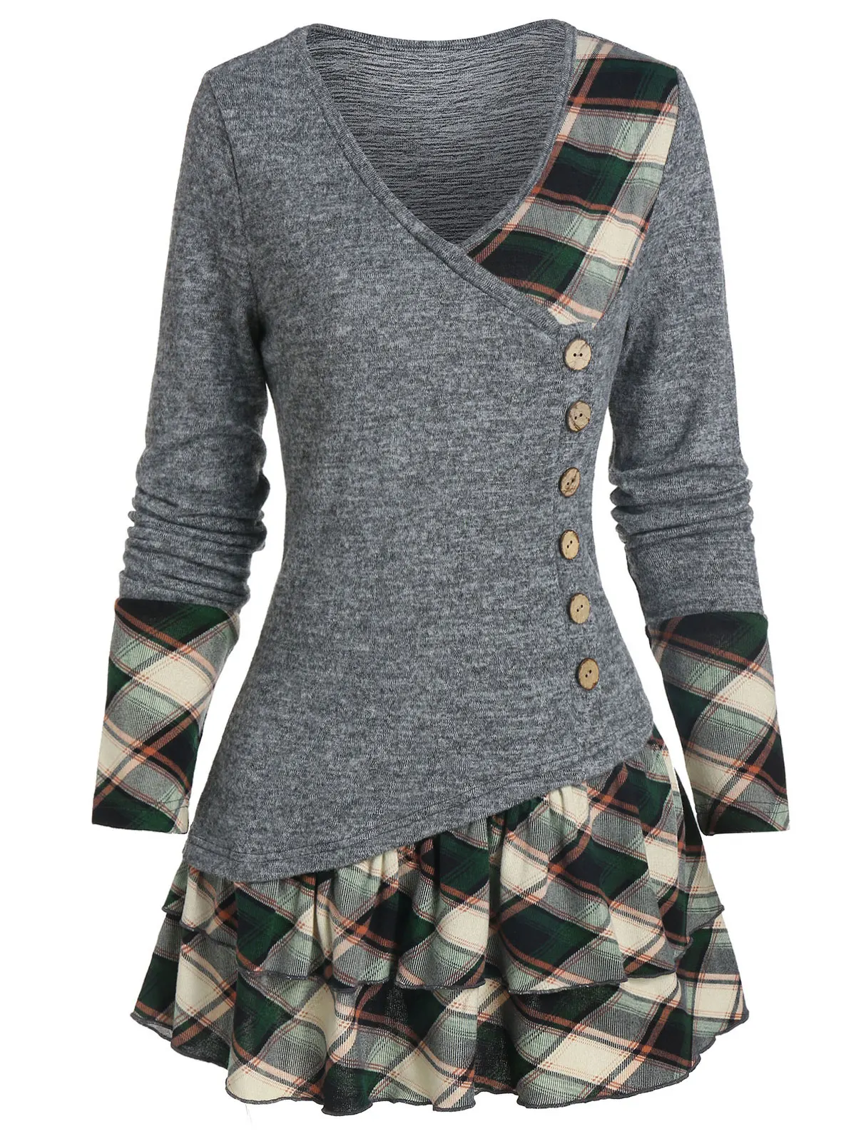 Женская клетчатая футболка DRESSFO многослойная с v-образным вырезом длинным