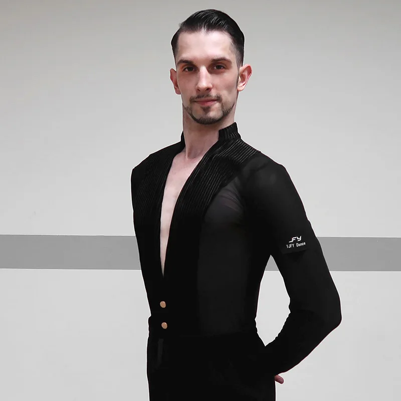 Black Shirt Высокое качество мужской танцевальный Топ белый черный длинный рукав бархатная рубашка красивый танцевальный зал состязание мужской латинский танец одежда VDB764 - Цвет: Black Shirt