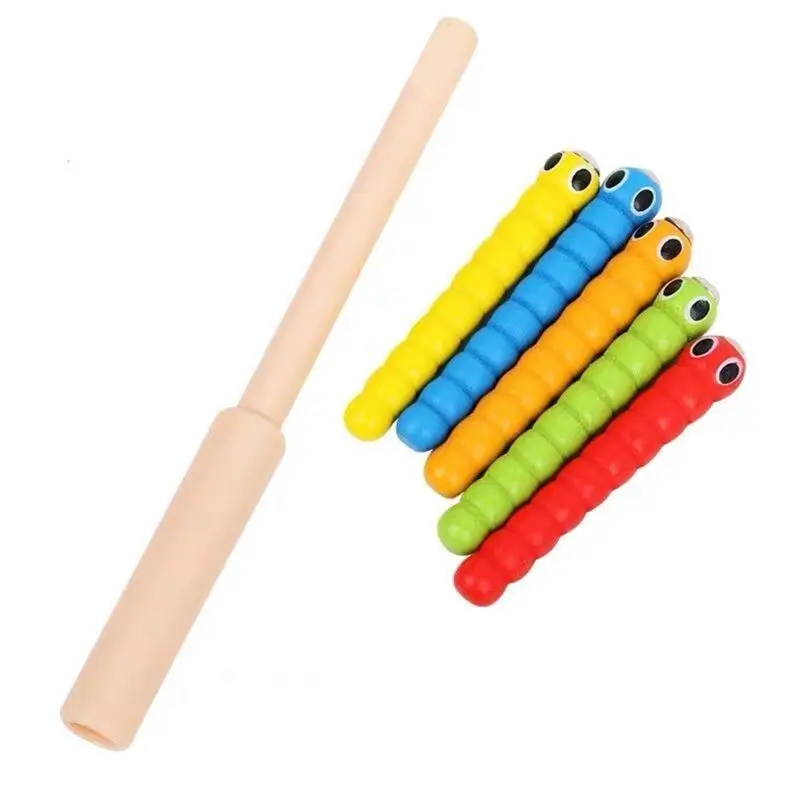 

New 1 Wand + 5 Worms For Catch Worm Game Strawberry Grasping Baby Wooden Toys