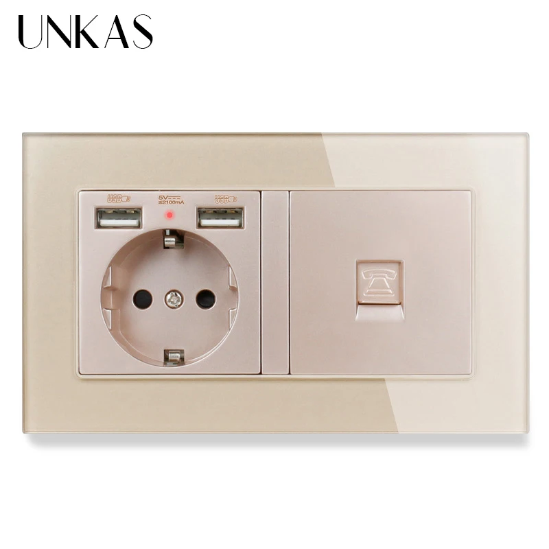 UNKAS розетка европейского стандарта с 2 USB портами для зарядки + 1 Gang RJ11 ядерный