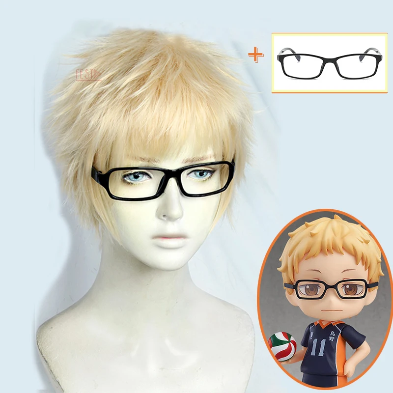 Аниме Haikyuu! Кей Tsukishima Косплэй короткие светильник золотой парик очки