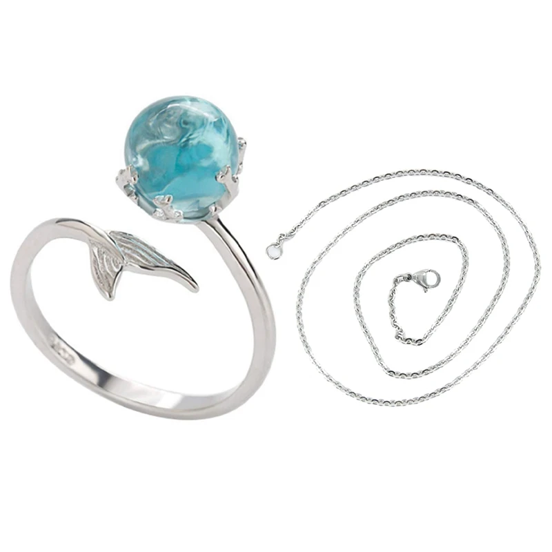 

20 inch Stainless Steel Chain Necklace DIY Craft with Lobster Clasp & Women Ring Mermaid Tail Crystal Ring